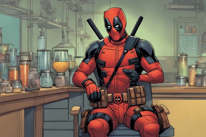 Deadpool is sitting on a stool.