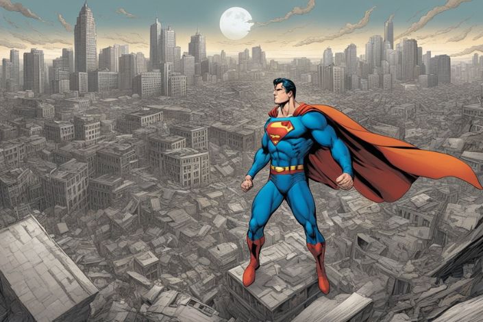 superman looks at the destroyed city